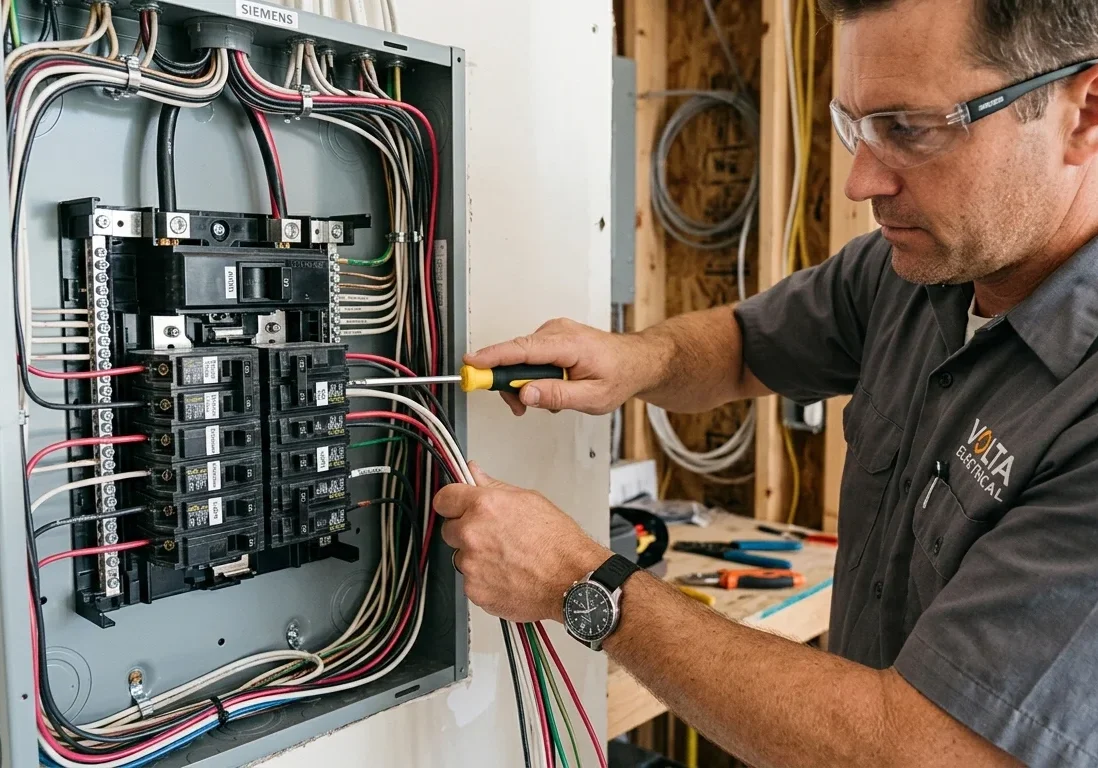 Close up of a modern electrical panel being installed by a professional, clean wiring, bright lighting.