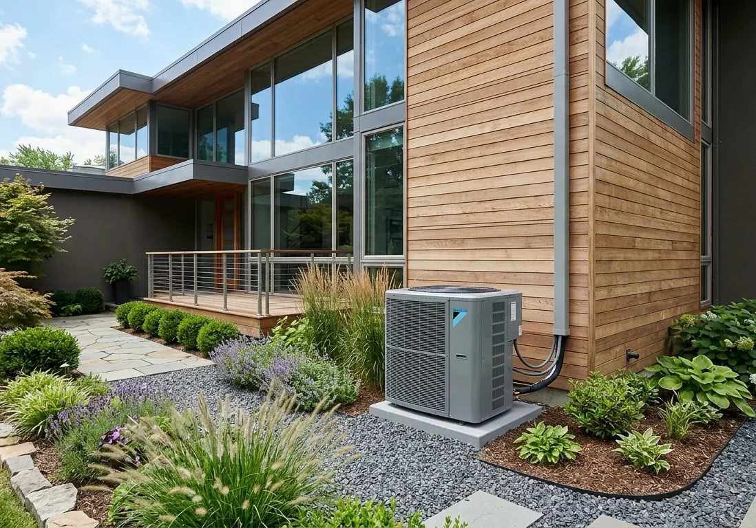 High efficiency modern HVAC unit installed outside a beautiful contemporary home, neat landscaping.